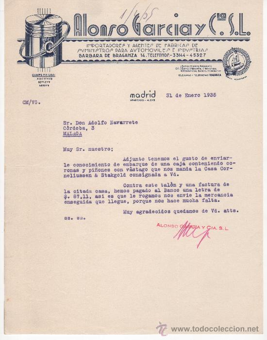 Commercial Letters: Carta comercial, Madrid a&ntilde;o 1933. Alonso Garc&iacute;a y Cia, suministros para autom&oacute;viles. Son 2 cartas.