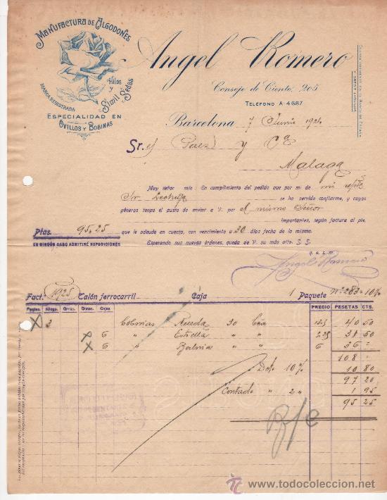 Commercial Letters: Carta comercial, Barcelona a&ntilde;o 1924. Angel Romero, ovillos y bobinas de seda.