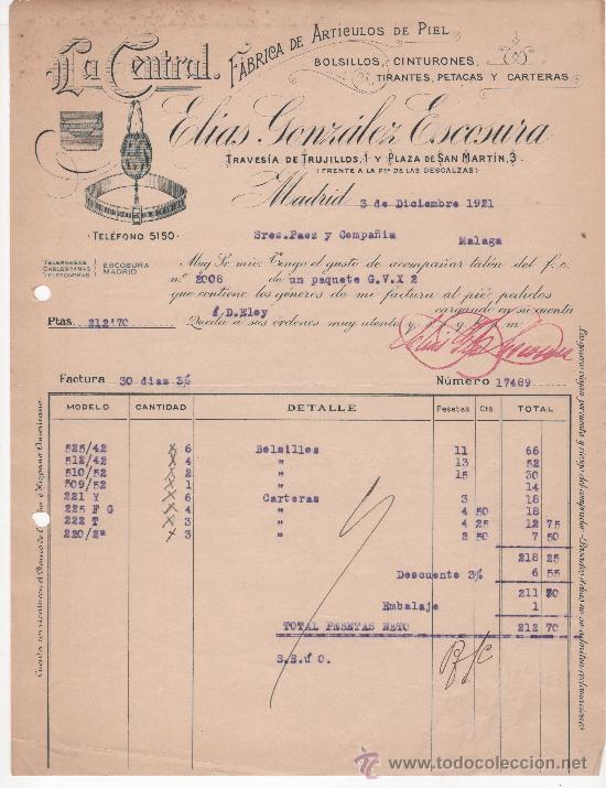 Commercial Letters: Carta comercial, Madrid a&ntilde;o 1921. El&iacute;as Gonz&aacute;lez Escosura. La Central, petacas, carteras, tirantes..