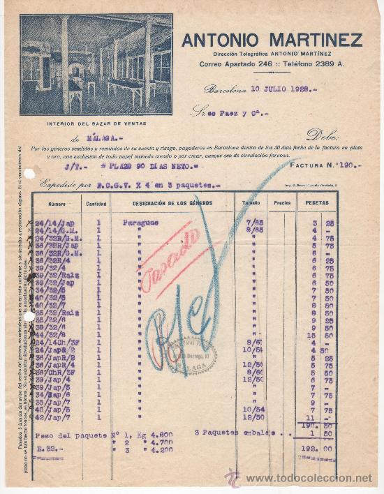 Commercial Letters: Carta comercial, Barcelona a&ntilde;o 1928. Antonio Mart&iacute;nez, paraguas. Carta con foto del bazar de ventas.