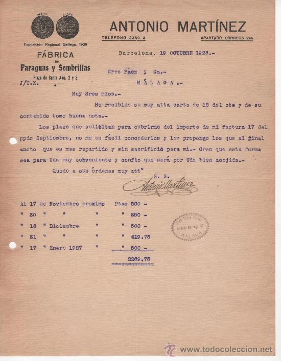 Commercial Letters: Carta comercial, Barcelona a&ntilde;o 1926. Antonio Mart&iacute;nez, f&aacute;brica de paraguas y sombrillas.