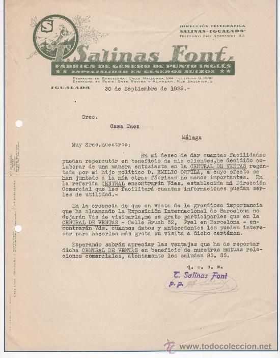 Commercial Letters: Carta comercial, Igualada a&ntilde;o 1929. T Salinas Font. G&eacute;neros de punto ingl&eacute;s y g&eacute;neros suizos.