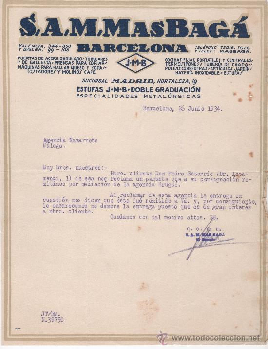 Commercial Letters: Carta caomercial, Barcelona a&ntilde;o 1934. S,A,M,MasBag&aacute;, puertas de acero, cocinas y estufas.