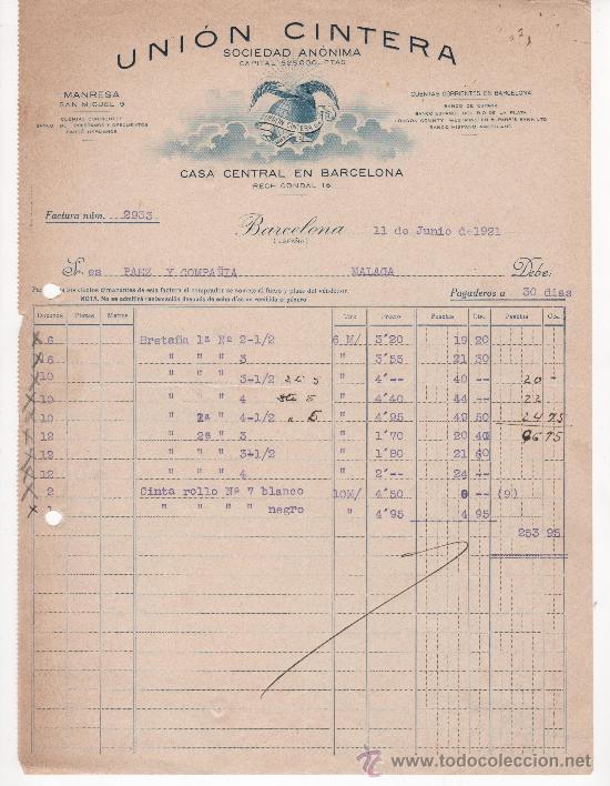 Commercial Letters: Carta comercial, Barcelona a&ntilde;o 1921. Uni&oacute;n Cintera.