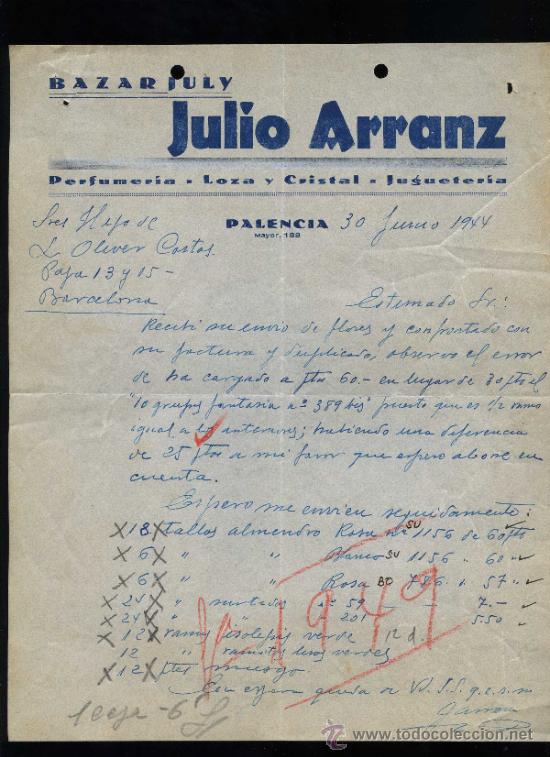 Commercial Letters: Palencia. *Bazar July. Julio Arranz* Fechada 1944.