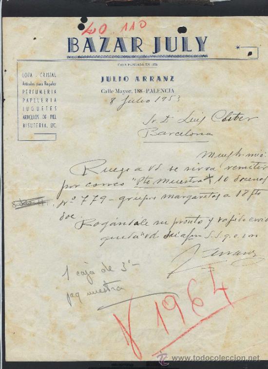 Cartas comerciais: Palencia. *Bazar July. Julio Arranz* Fechada 1953.