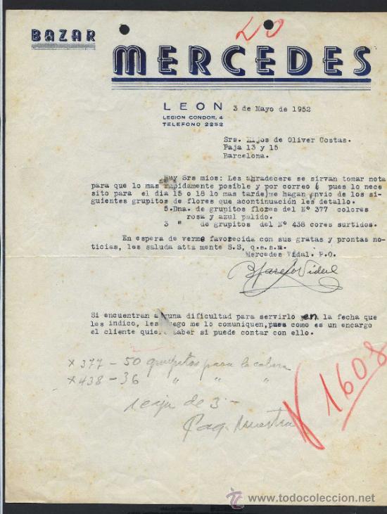 Gesch&auml;ftsbriefe: Le&oacute;n. *Bazar Mercedes. Calle Legi&oacute;n Condor 4...* Fechada 1952.