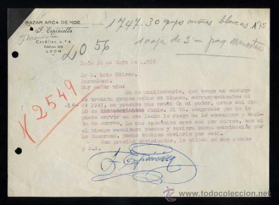 Cartas comerciales: Le&oacute;n. *Bazar Arca de No&eacute;. F. Espiniella* Fechada 1955.