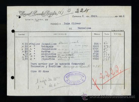 Cartas comerciales: Zamora. *Manuel Becedas Regidor* Fechada 1954.