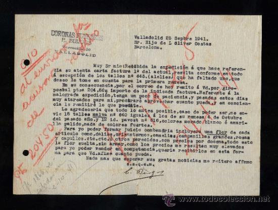 Cartas comerciales: Valladolid. *Coronas F&uacute;nebres E. Burgos* Fechada 1941.