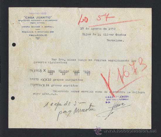 Cartas comerciais: Valladolid. *Casa Juanito - Peleter&iacute;a - Mercer&iacute;a...* Fechada 1952.