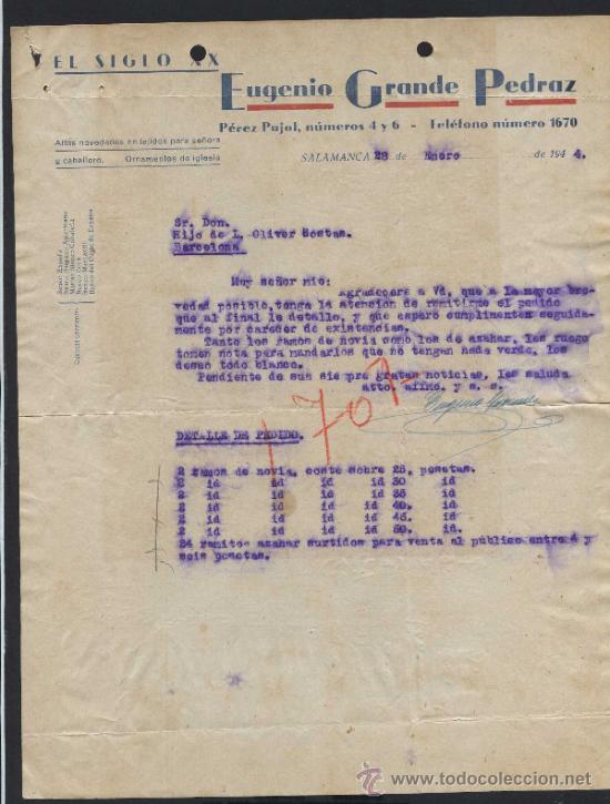 Cartas comerciales: Salamanca. *El Siglo XX. Eugenio Grande Pedraz* Fechada 1944.
