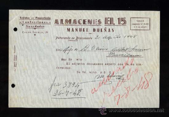 Commercial Letters: Salamanca. Pe&ntilde;aranda. *Almacenes el 15. Manuel Due&ntilde;as* Fechada 1948.
