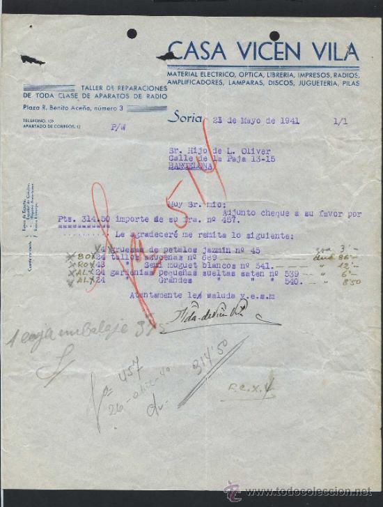 Cartas comerciales: Soria. *Casa Vicen Vila* Fechada 1941.