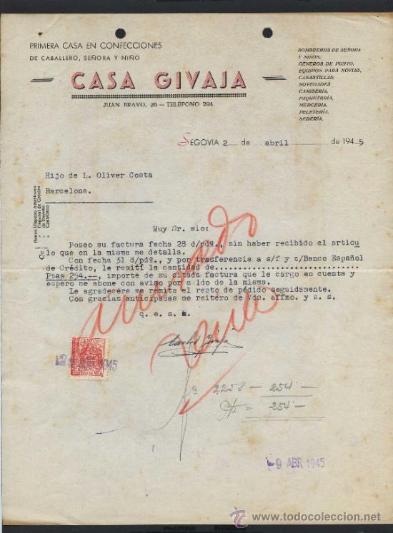 Commercial Letters: Segovia. *Confecciones Casa Givaja* Fechada 1945.