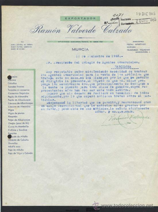 Commercial Letters: Murcia. *Ram&oacute;n Valverde Calzado. Exportador* Fechada 1945.