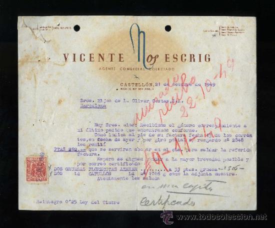 Commercial Letters: Castell&oacute;. *Castell&oacute;n. Vicente Nos Escrig* Fechada 1949.