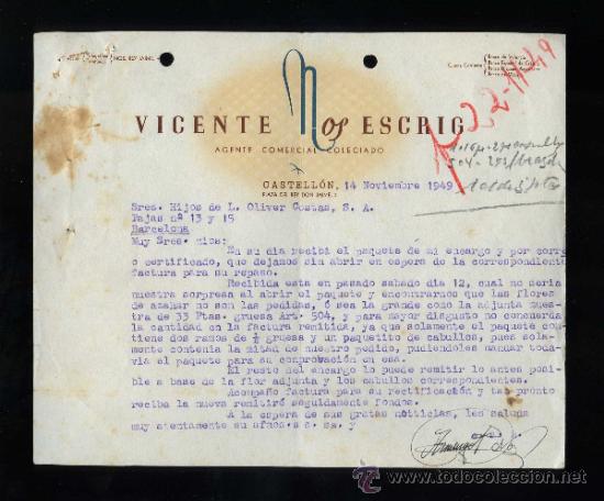 Lettres commerciales: Castell&oacute;. *Castell&oacute;n. Vicente Nos Escrig* Fechada 1949.