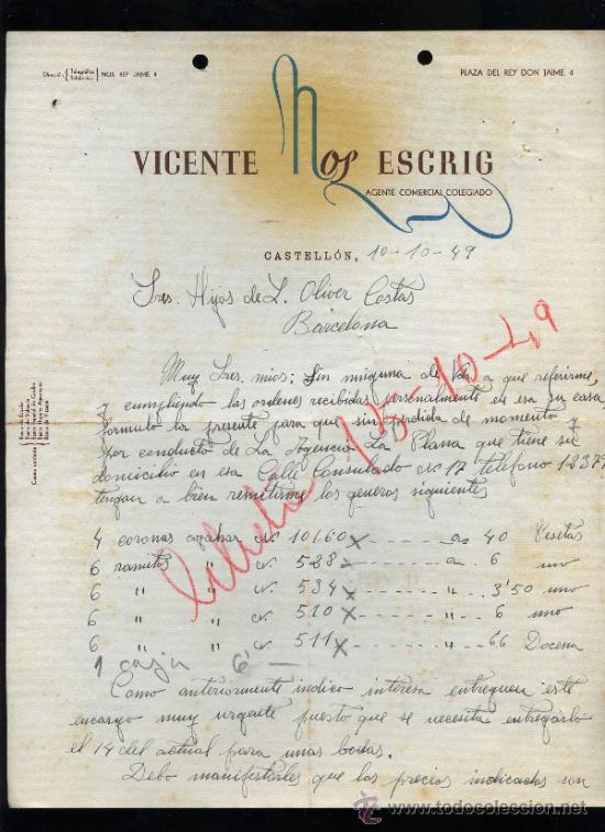 Cartas comerciales: Castell&oacute;. *Castell&oacute;n. Vicente Nos Escrig* Fechada 1949.