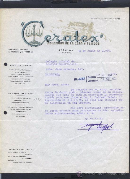 Commercial Letters: Valencia. Albaida. *Ceratex - Industrias de la cera y tejidos* Fechada 1950.