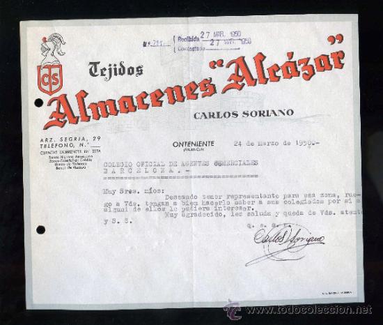Commercial Letters: Valencia. Onteniente. *Tejidos Almacenes Alc&aacute;zar. Carlos Soriano* Fechada 1950.