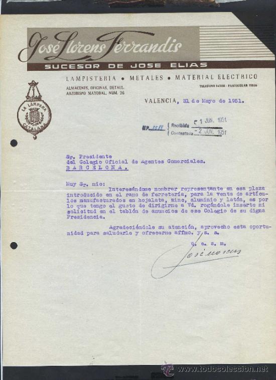 Commercial Letters: Valencia. *Jos&eacute; Llorens Ferrandis. Sucesor de Jos&eacute; Elias* Fechada 1951.