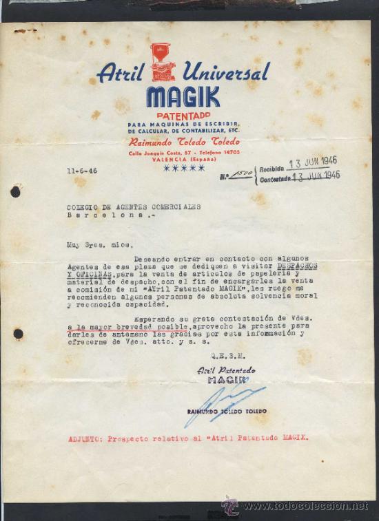 Commercial Letters: Valencia. *Atril Universal Magik. Raimundo Toledo Toledo* Lote 2 hojas. Fecha 1947.