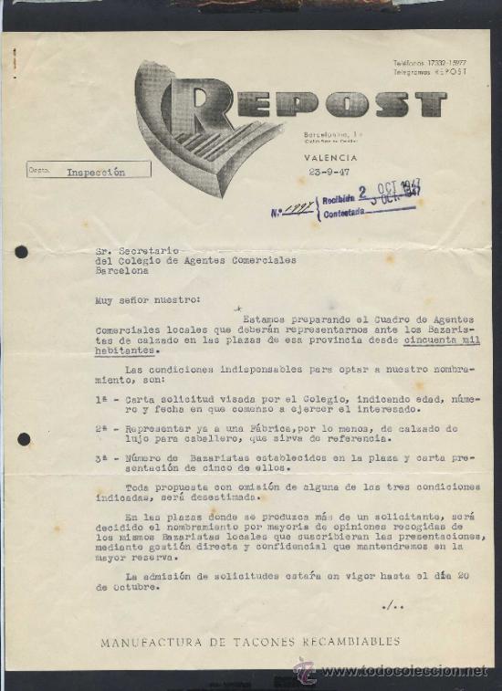 Commercial Letters: Valencia. *Repost* Lote 2 hojas. Fecha 1947.