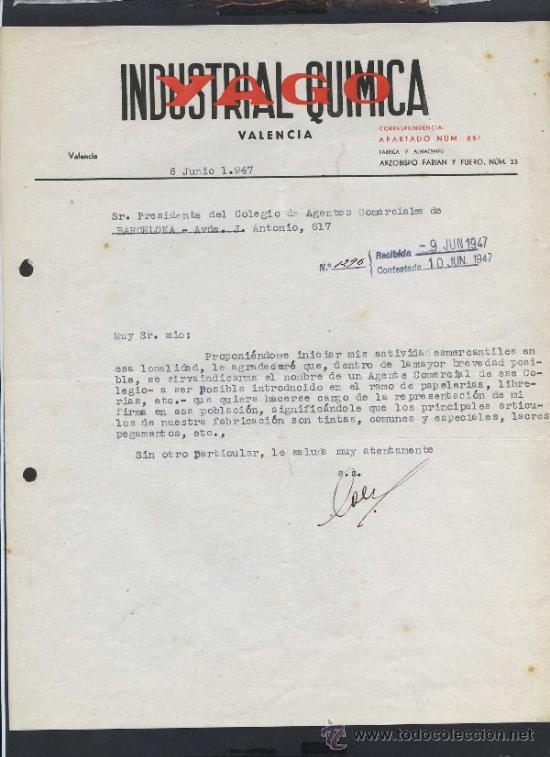 Commercial Letters: Valencia. *Industrial Quimica Yago* Fechada 1947.