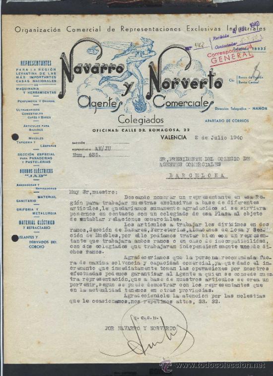 Commercial Letters: Valencia. *Navarro y Norverto. Agentes Comerciales Colegiados* Fechada 1940.