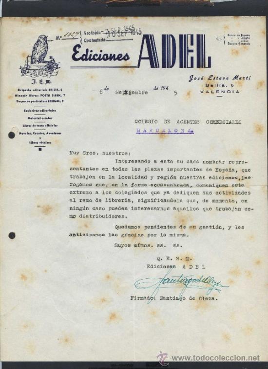 Cartas comerciales: Valencia. *Ediciones Adel* Fechada 1945.
