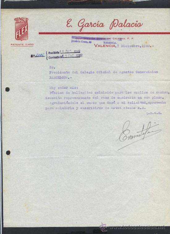 Cartas comerciales: Valencia. *E. Garc&iacute;a Palacio. - Tensor Flex* Fechada 1948. - Foto 1