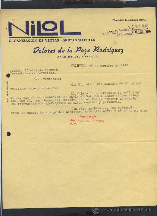 Commercial Letters: Valencia. *Nilol. Dolores de la Poza Rodr&iacute;guez* Fechada 1948.