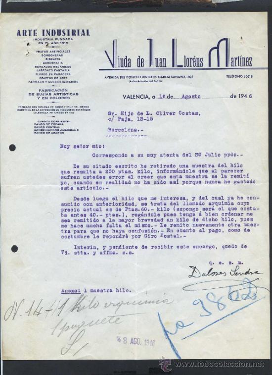 Commercial Letters: Valencia. *Arte Industrial. Viuda de Juan Llorens Mart&iacute;nez* Fechada 1946.