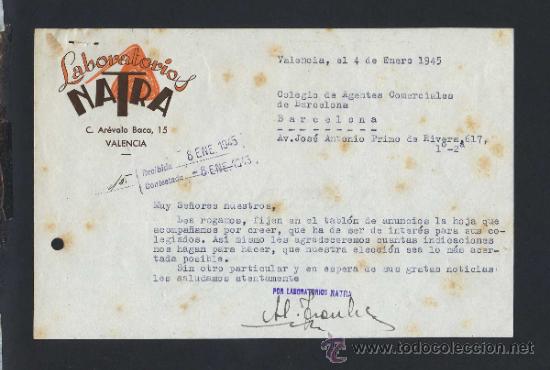 Commercial Letters: Valencia. *Laboratorios Natra* Lote 2 hojas. Fechada 1945.