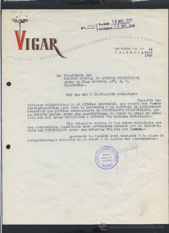 Cartas comerciales: Valencia. *Vigar* Lote 3 unidades. Fechada 1948.