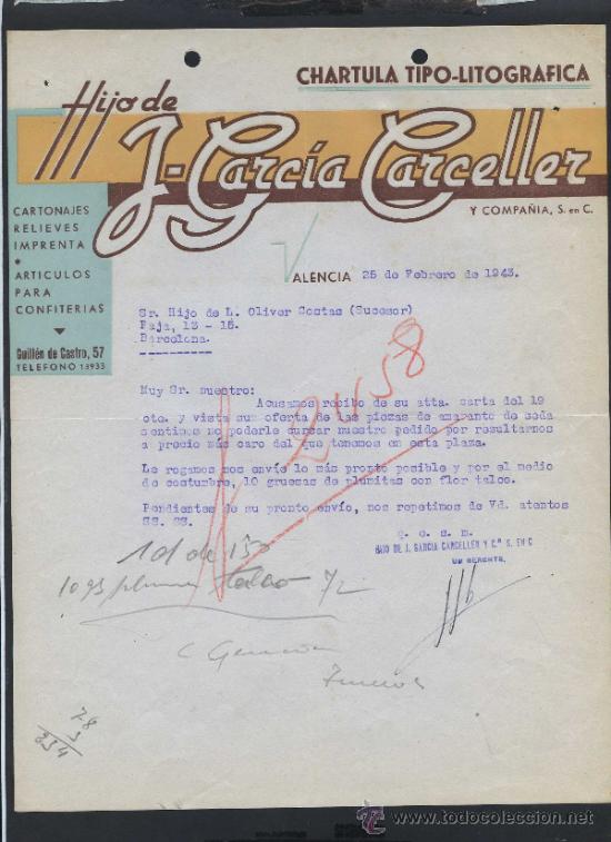 Commercial Letters: Valencia. *Chartula Tipo-Litogr&aacute;fica. Hijo de J. Garc&iacute;a Carceller* Fechada 1943.