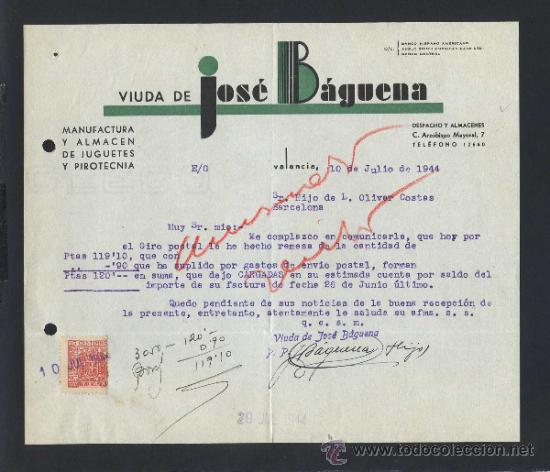 Commercial Letters: Valencia. *Viuda de Jos&eacute; B&aacute;guena* Fechada 1944.