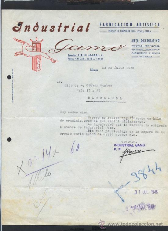 Gesch&auml;ftsbriefe: Valencia. *Industrial Gamo. Fabricaci&oacute;n Art&iacute;stica. Arte Decorativo* Fechada 1946.