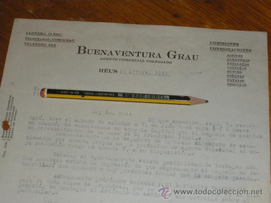 Lettres commerciales: BUENAVENTURA GRAU, AGENTE COMERCIAL COLEGIADO. REUS 1943. FIRMADA.