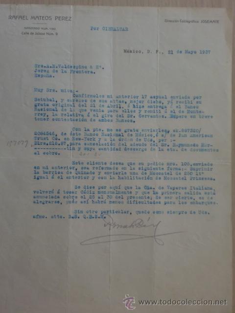 Lettere commerciali: CARTA COMERCIAL. MEXICO. MAYO 1937. RAFAEL MATEOS PEREZ.