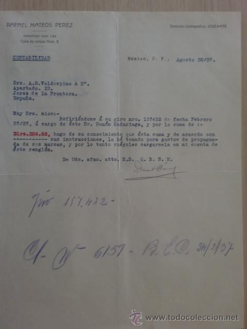 Lettere commerciali: CARTA COMERCIAL. MEXICO. AGOSTO 1937. RAFAEL MATEOS PEREZ.
