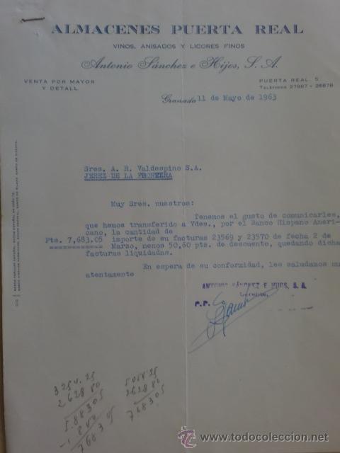 Lettere commerciali: CARTA COMERCIAL. GRANADA. MAYO 1963. ANTONIO SANCHEZ E HIJOS. ALMACENES PUERTA REAL. LICIORES FINOS.