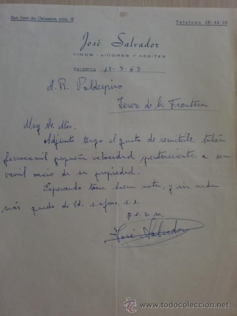 Lettere commerciali: CARTA COMERCIAL. VALENCIA. MARZO 1963. JOSE SALVADOR. VINOS, LICORES Y ACEITES.