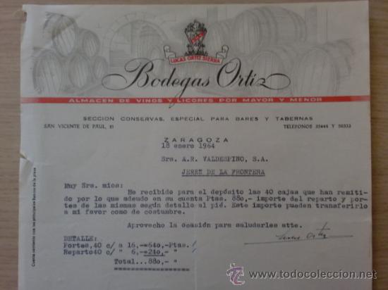 Lettere commerciali: CARTA COMERCIAL. ZARAGOZA. ENERO 1964. LUCAS ORTIZ SIERRA. BODEGAS ORTIZ. ALMACEN DE VINOS.