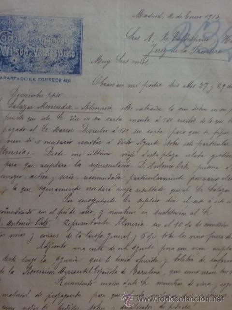 Lettere commerciali: CARTA COMERCIAL. MADRID. ENERO  1916. WILSON Y VALDESPINO. COG&Ntilde;AC.