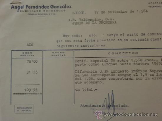 Lettere commerciali: CARTA COMERCIAL. LEON. SEPTIEMBRE 1964. ANGEL FERNANDEZ GONZALEZ. COLONIALES Y CONSERVAS.