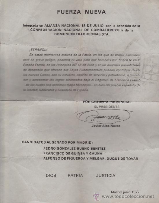 Lettres commerciales: CARTA PIDIENDO EL VOTO --FUERZA NUEVA- 1977