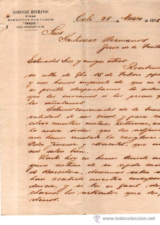 Commercial Letters: CARTA COMERCIAL. CALI. COLOMBIA. GONZALEZ HERMANOS. 1896.