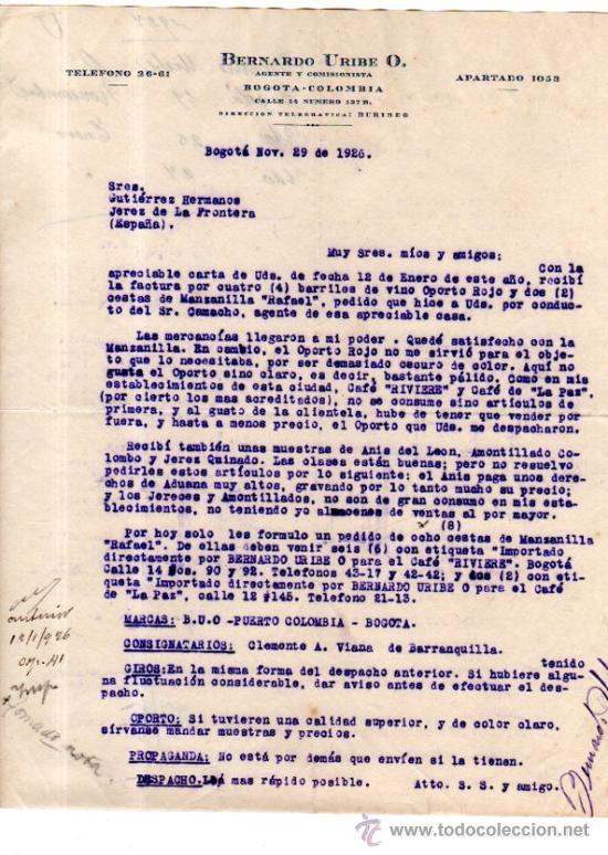 Commercial Letters: CARTA COMERCIAL. BOGOTA. COLOMBIA. BERNARDO URIBE O. 1926.